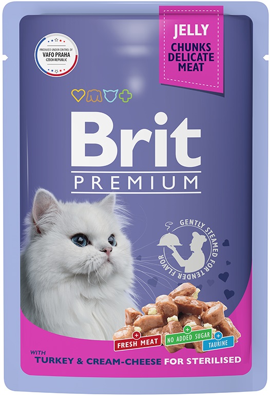 Брит Premium Пауч для взрослых стерилизованных кошек индейка с сыром в желе 85г