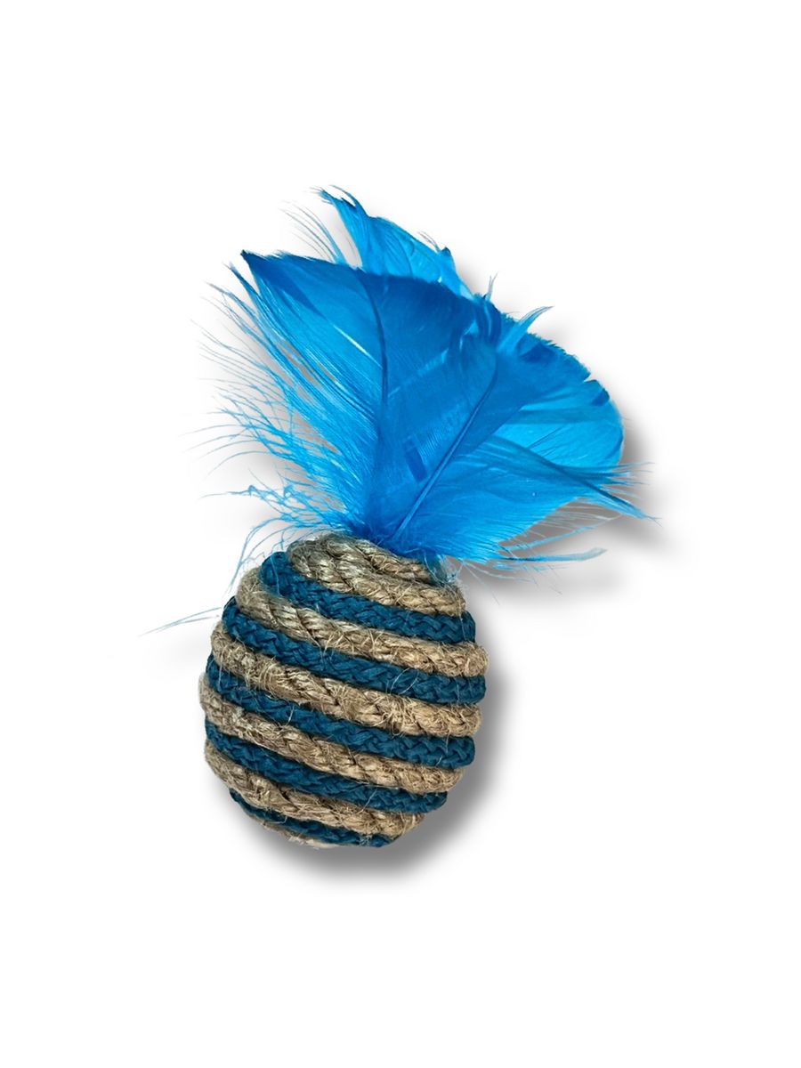 Мячик полосатый джут для кошек с перьями синий 4см