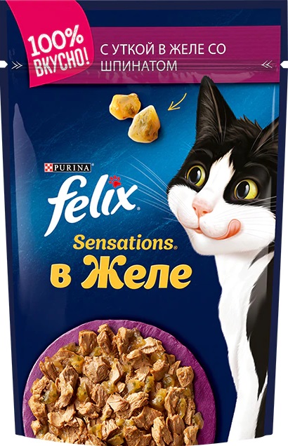 Felix пауч для кошек Sensations утка со шпинатом в желе 85г