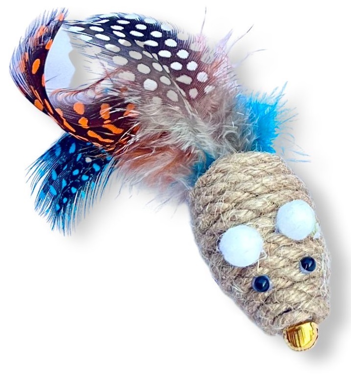 Мышка джут с перьями 4см