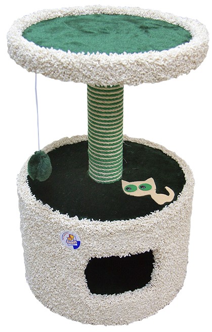 Дом для кошек круглый с полкой и аппликацией, мех ковролин, зеленый 46х46х70см