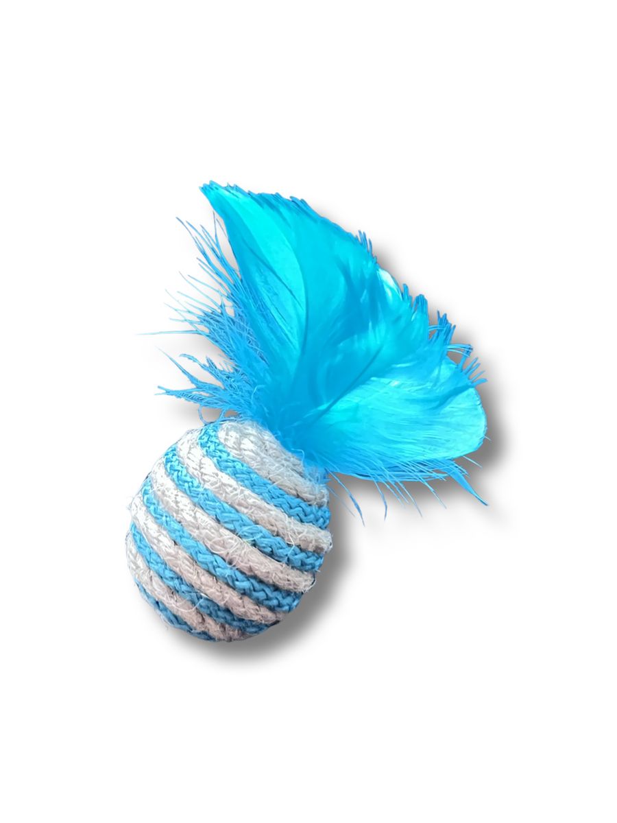 Мячик полосатый джут для кошек с перьями синий 4см