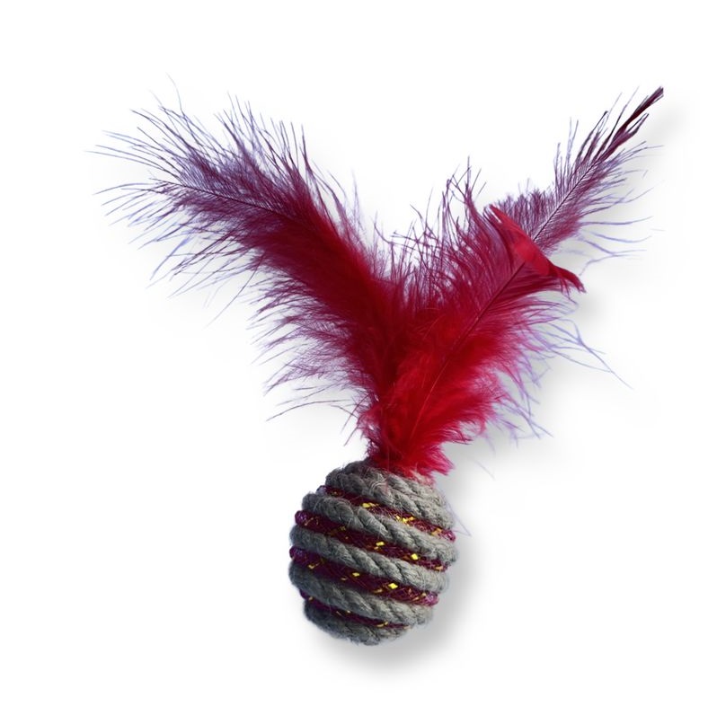 Мячик джут для кошек с красными перьями 4см